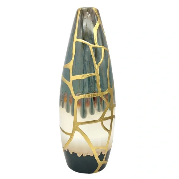Kintsugi Vase 14” Drip Glaze Gold Crack Art Personal Growth Anniversary Gift - Picture 8 of 13